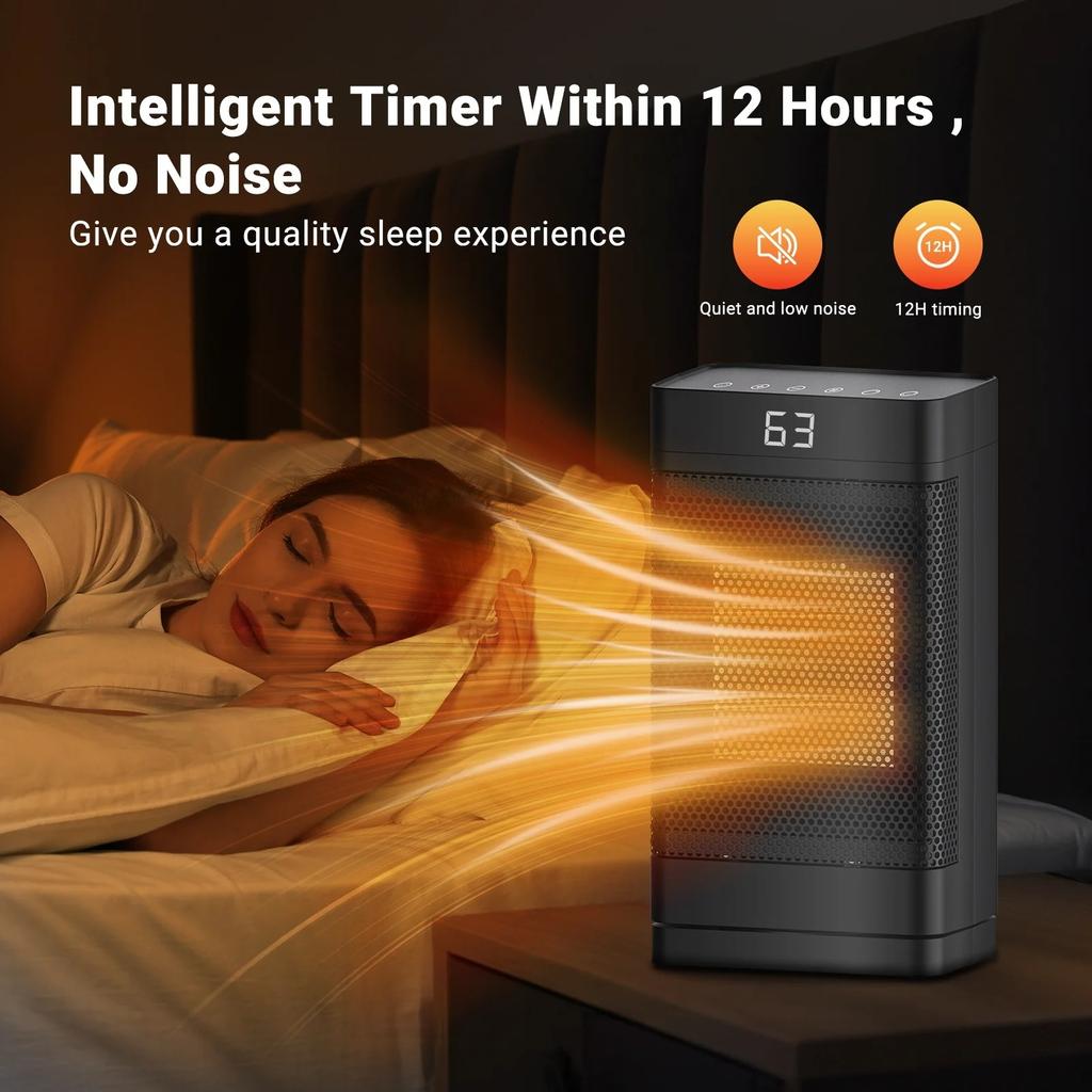 Space Heater, 1500W PTC Fast Portable Electric Heater with 70° Oscillation & Timer for Bedroom