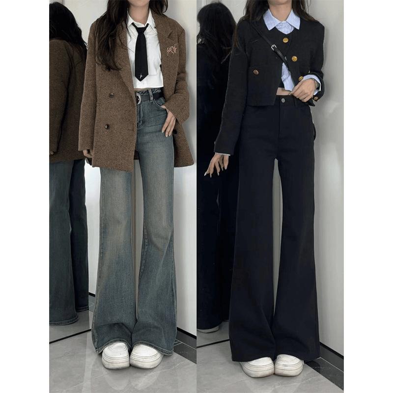 Women High Waist Stretch Flare Jeans Fall Slimming Draped Bootcut Floor Length Denim Pants For Pear Shaped Body