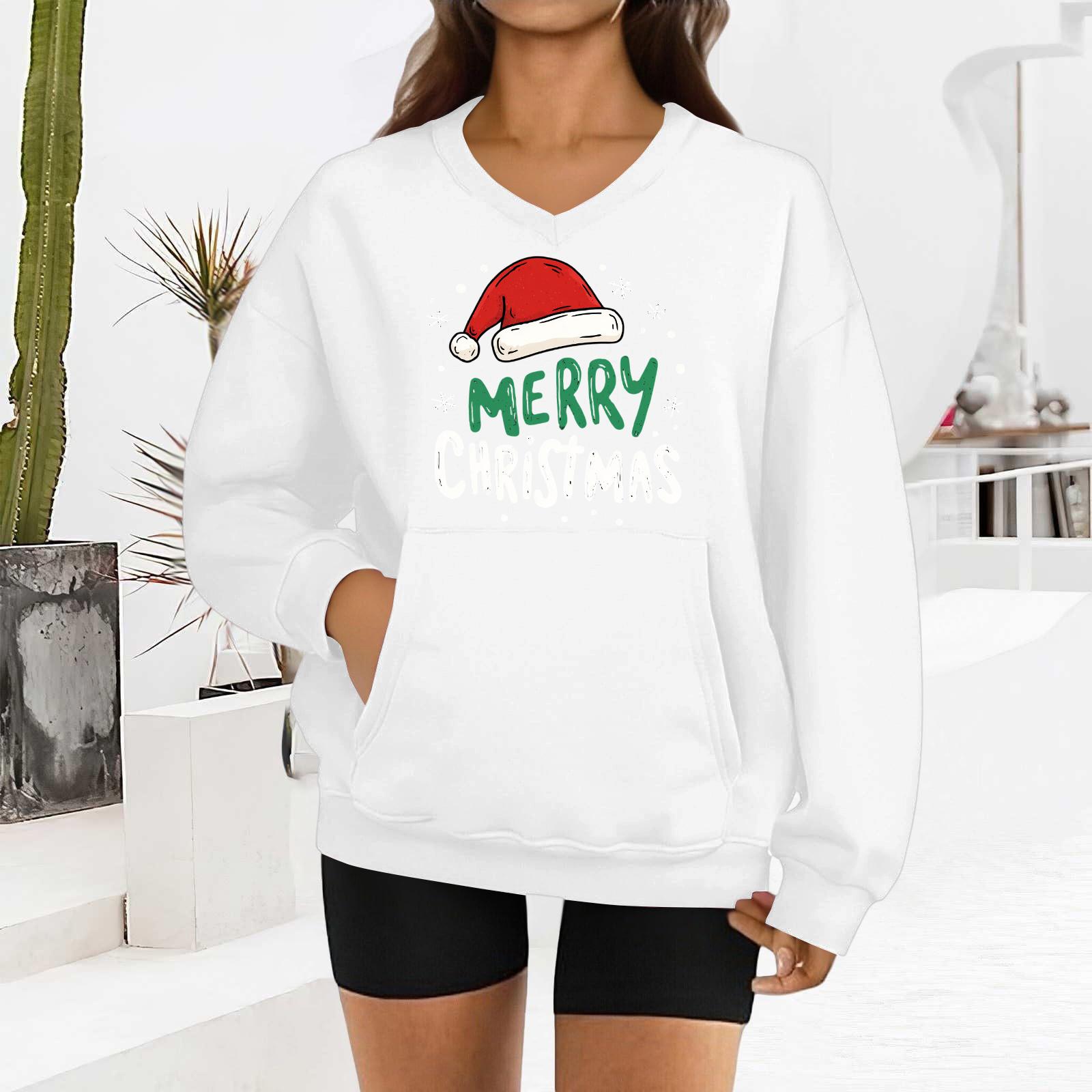 

Женский модный свитшот с длинными рукавами и V-образным вырезом с рождественским принтом S белый