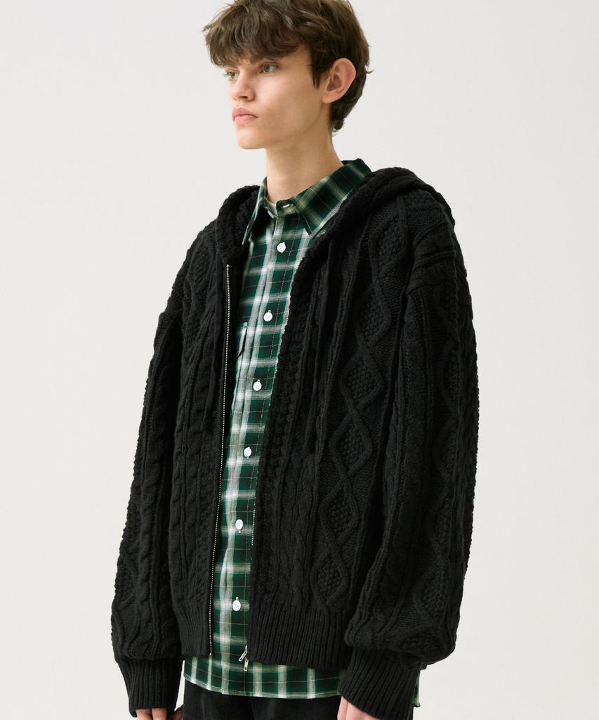 TRILLION Washable Aran Cable Hooded Zip-Up Knit (Pure Black)
