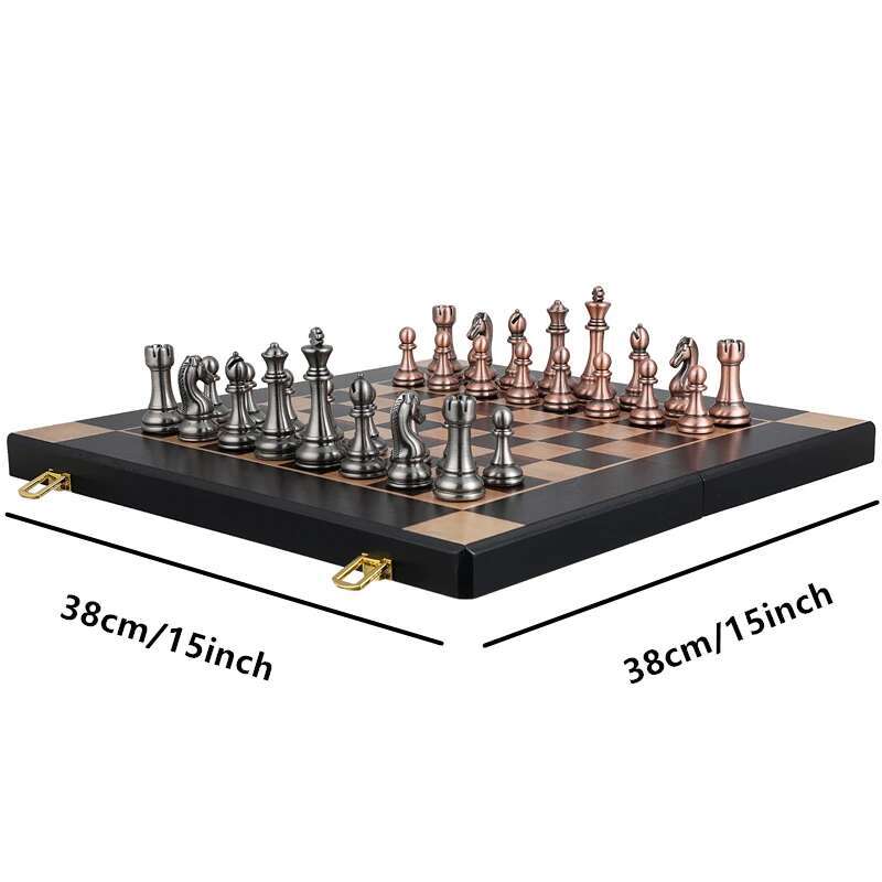 High-End Metal Chess Pieces, Wooden Chessboard, 38Cm/15Inch, Large Foldable Classic Game Collection For Chess Enthusiasts