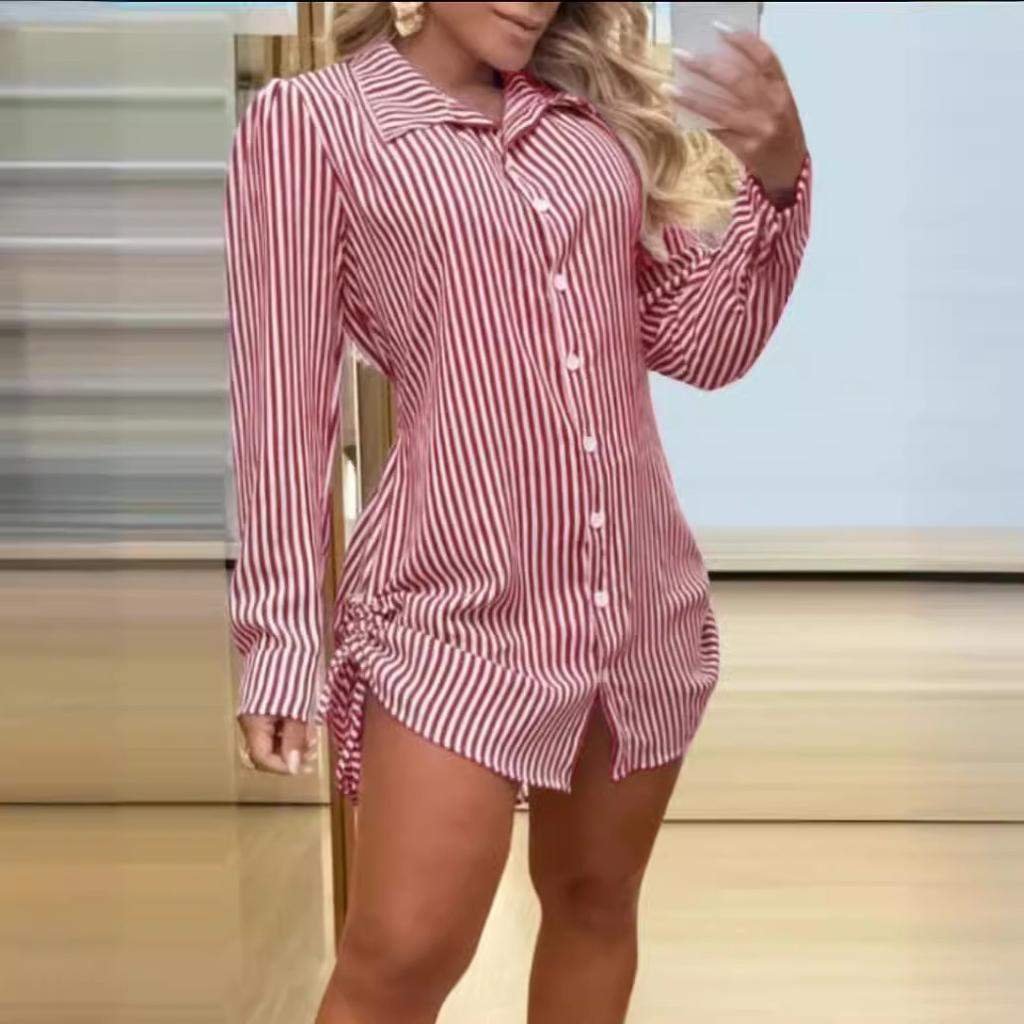 BITCED Women's Autumn Fashion Sexy Two Side Drawstring Shirt Dress