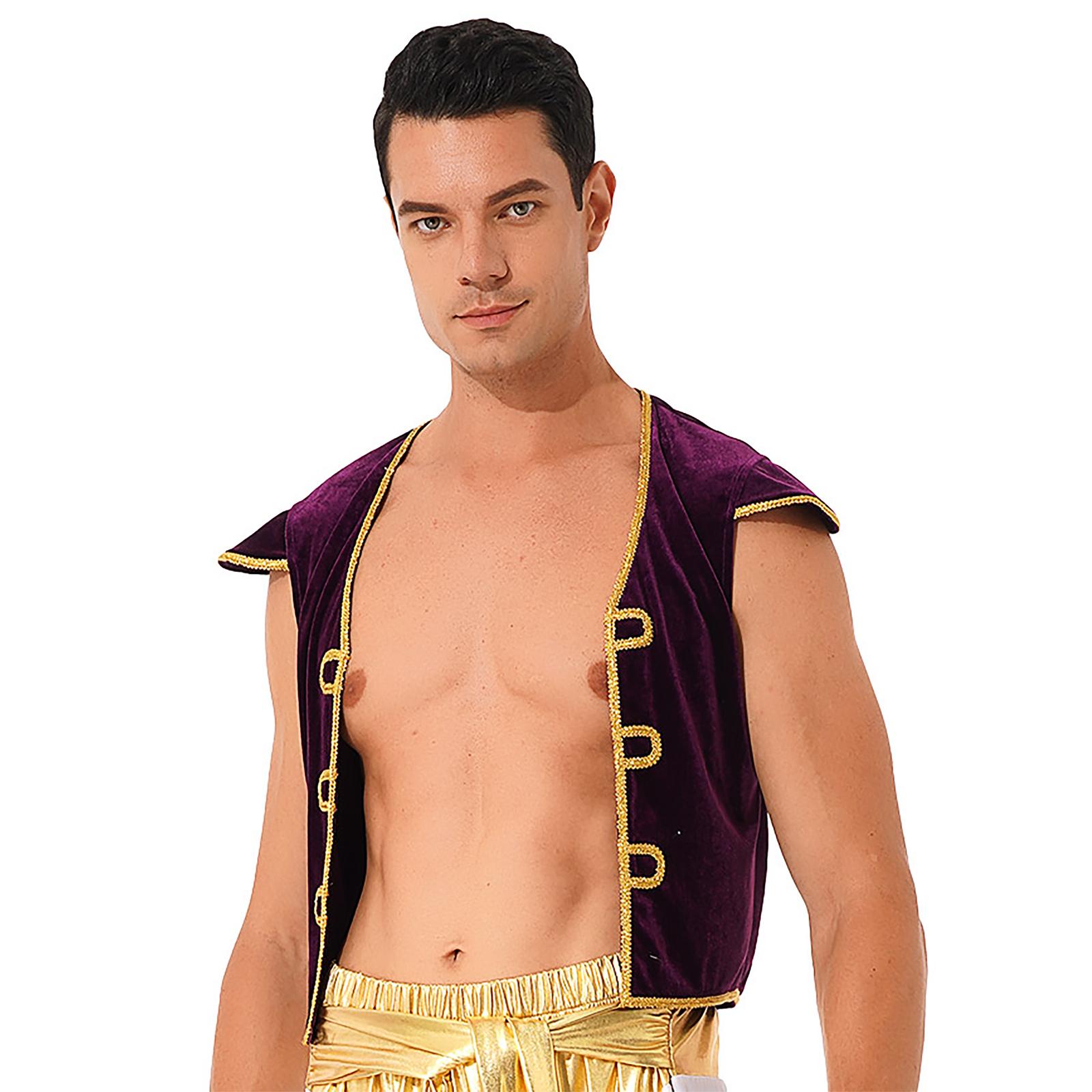 

Mens V Neck Cap Sleeve Arabian Prince Vest Waistcoat Braided Trim Halloween Cosplay Costume L темно-фіолетовий колір