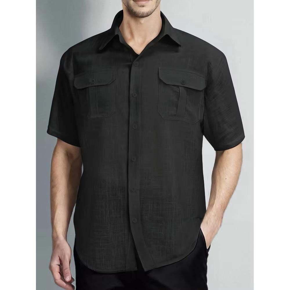 Herrenhemden aus Baumwolle und Leinen, kurzärmelig, Nadelstreifenmuster, atmungsaktiv, modisch, einfarbig, Umlegekragen, lässiges Button-Down-Hemd