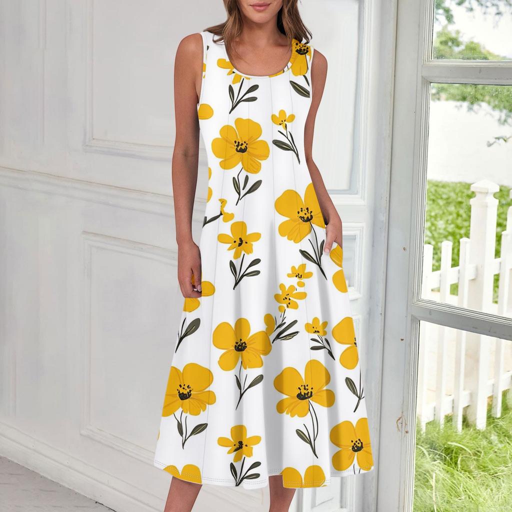 Women's Casual Fashion Floral Print Round Neck Sleeveless Midi Dress