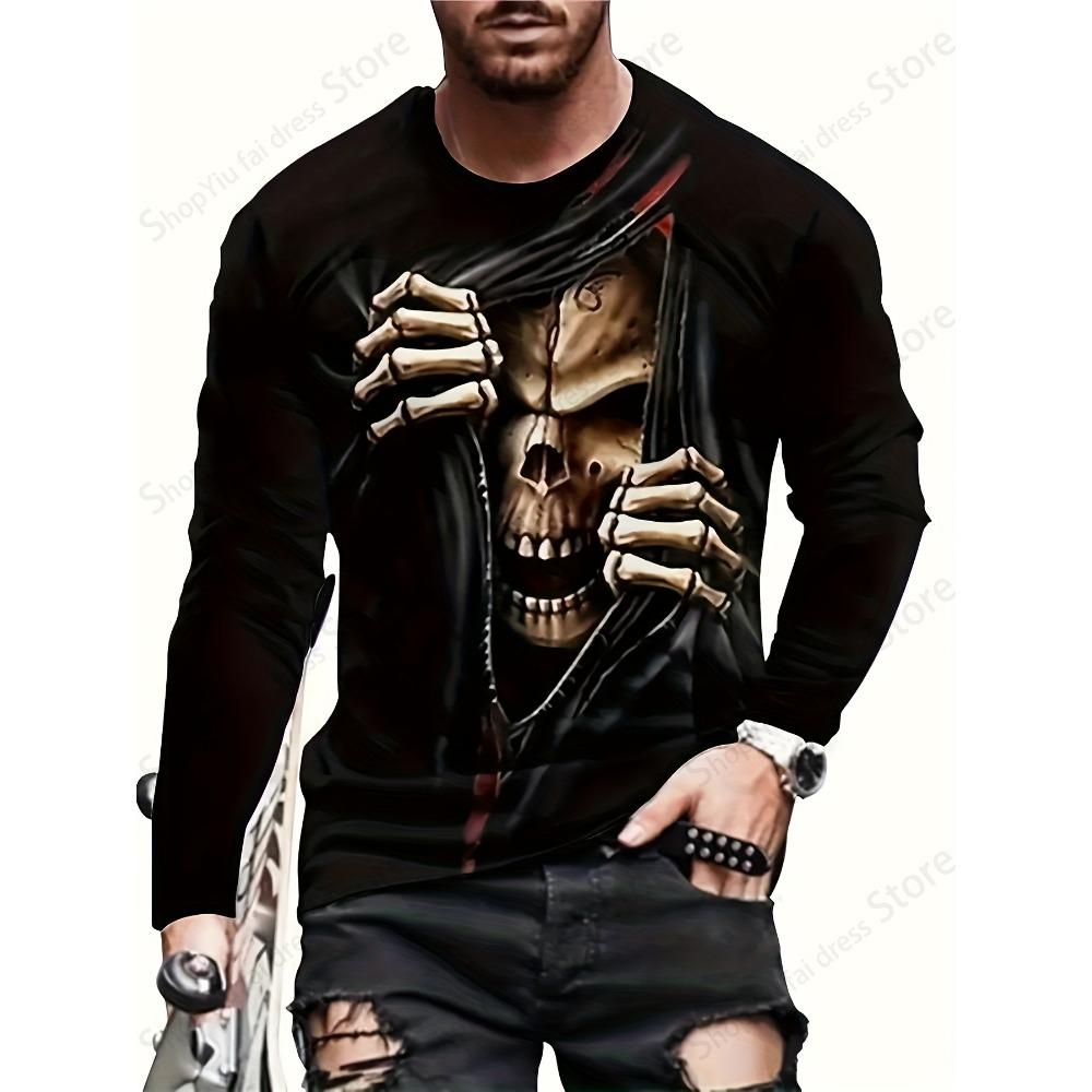 Halloween Herren Langarm T-Shirt 3D Totenkopf Skelett Druck Grafik T-Shirts Herren Mode Hip Hop Oberteile Tees Herrenbekleidung Horror
