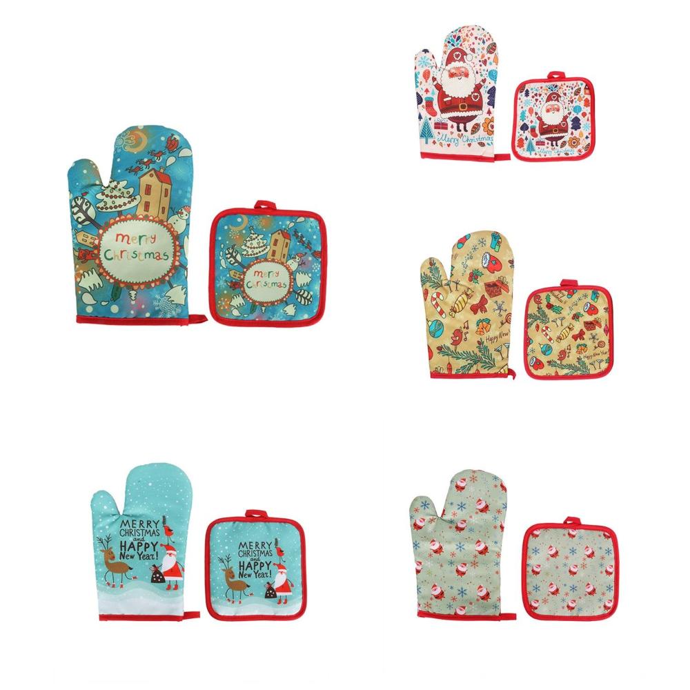2pcs/set Christmas Baking Santa Claus Kitchen Mat Anti-Hot Pad Microwave Gloves Oven Mitts