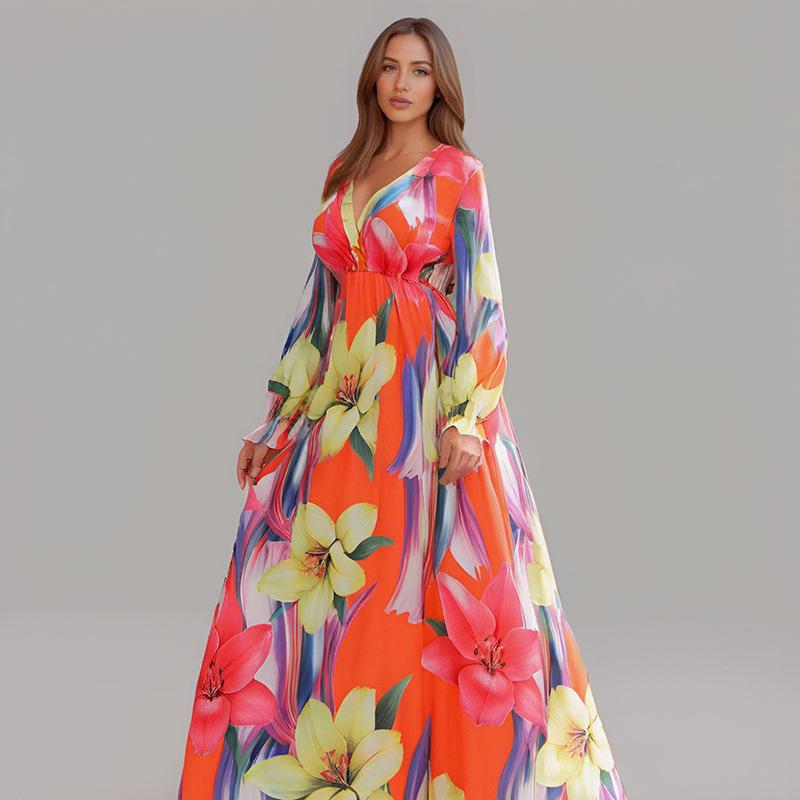

Платье с длинными рукавами, цветное женское модное сексуальное длинное платье с принтом и широкими складками 4XL оранжевый