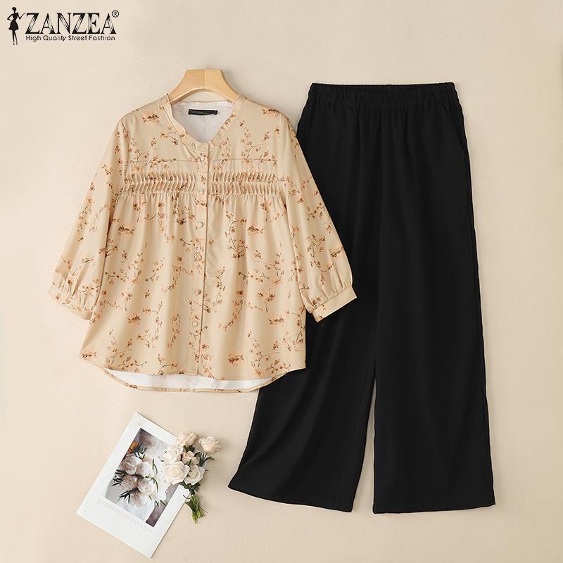 ZANZEA Women Floral Print Blouse and Pants Casual Two Piece Suit Sets
