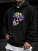 unisex Hoodie, Halloween, Colorful Psychedelic Skull with Hat Graphic, Pullover Sweatshirt, Streetwear Urban Style, Autumn Winter Casual Wear, Front K
