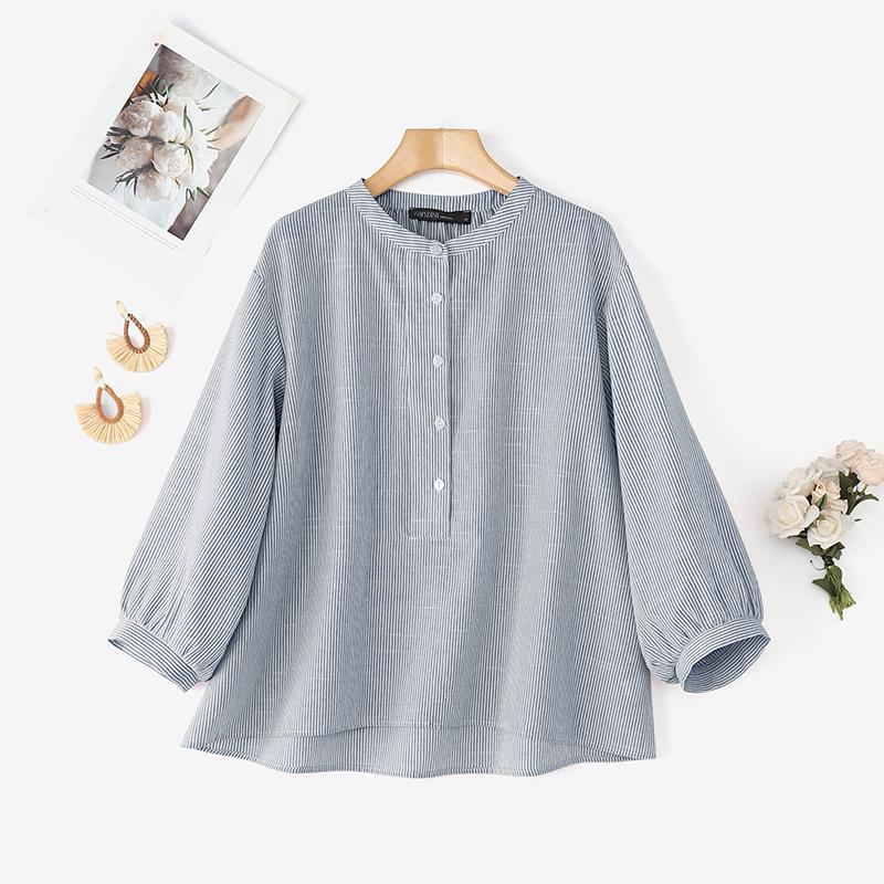 

ZANZEA Женская повседневная блузка в полоску с воротником-стойкой и длинными рукавами свободного кроя 5XL