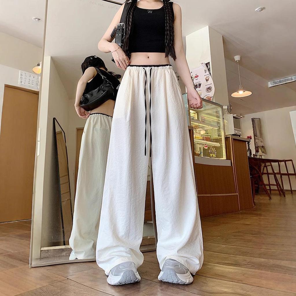 Korean Retro Colorblock Ice Silk Wide-Leg Summer Pants for Women