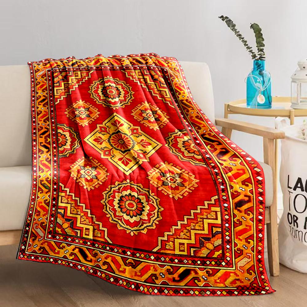 Geometric Patterned Red Blanket with Floral Motifs and Ethnic Design Blanket, Suitable for Use In the Bedroom, Living Room, On the Sofa