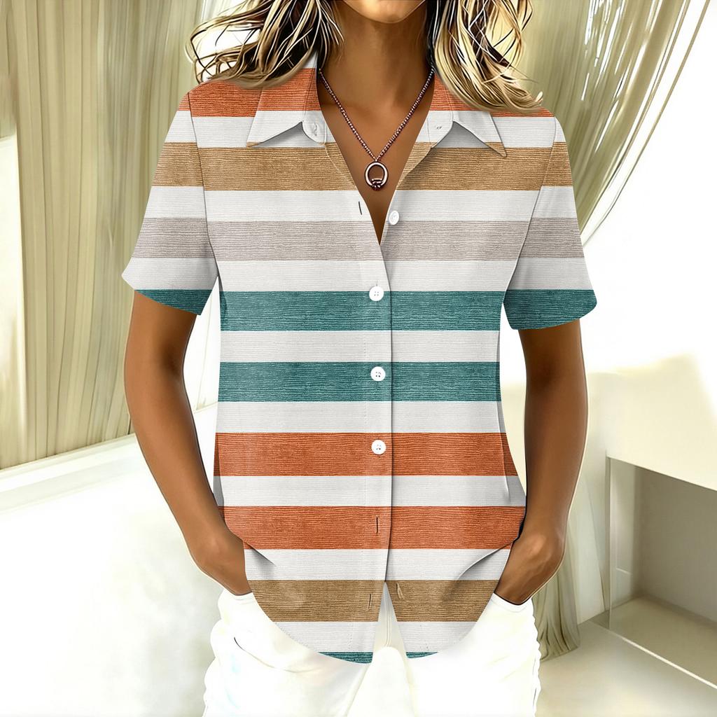 Kurzarm-Button-Down-Hemd für Damen, lässige Passform, geometrischer Druck, Reverskragen, leichtes Oberteil, Bluse