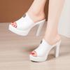 10cm Small Size 32-43 Elegant Open Head Block High Heels Shoes Summer Slippers 2025 Women's Soft Leather Slides Platform Model