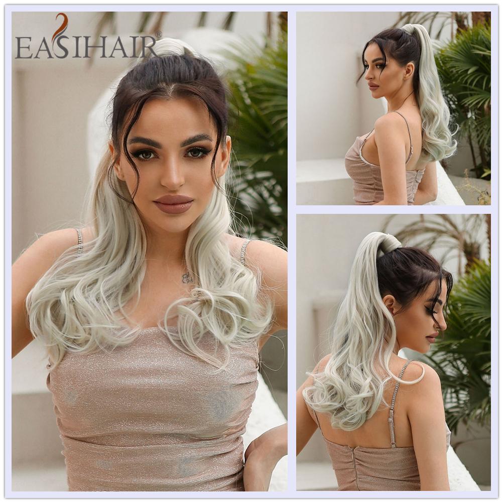 EASIHAIR Lung ondulat ondulat înfășurat în jurul agrafă extensie de păr coadă de cal sintetică coadă de cal păr falsMaro platină posturi false afro perucă