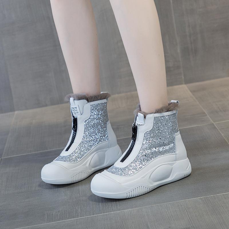 9921 Genuine Leather and Real Hair Women's Shoes, New Muffin Thick-soled Real Hair Cotton Shoes