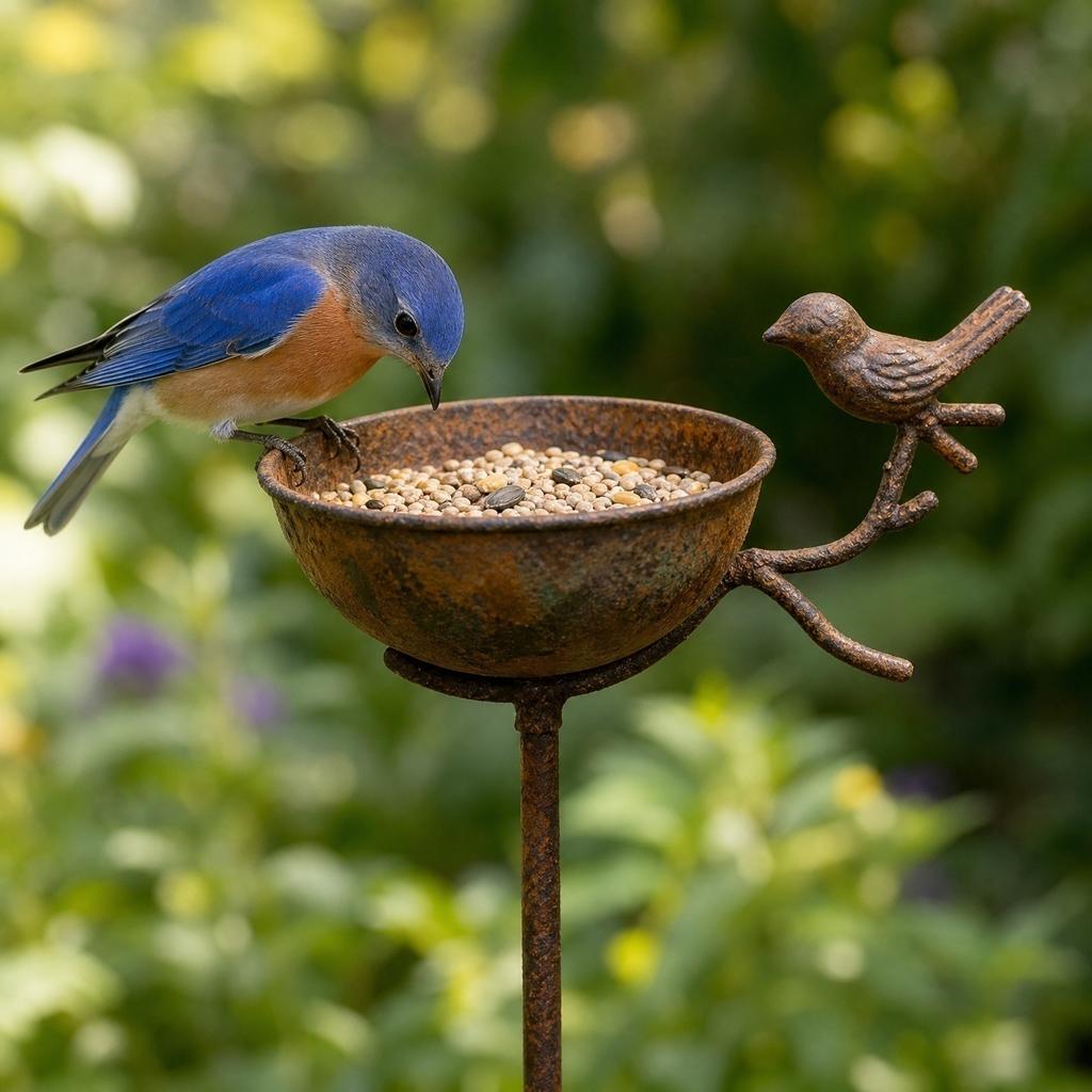 Outdoor Garden Bird Bath Stake with Rust Finish Metal Construction Vintage Style Yard Decoration Bird Feeder Stand
