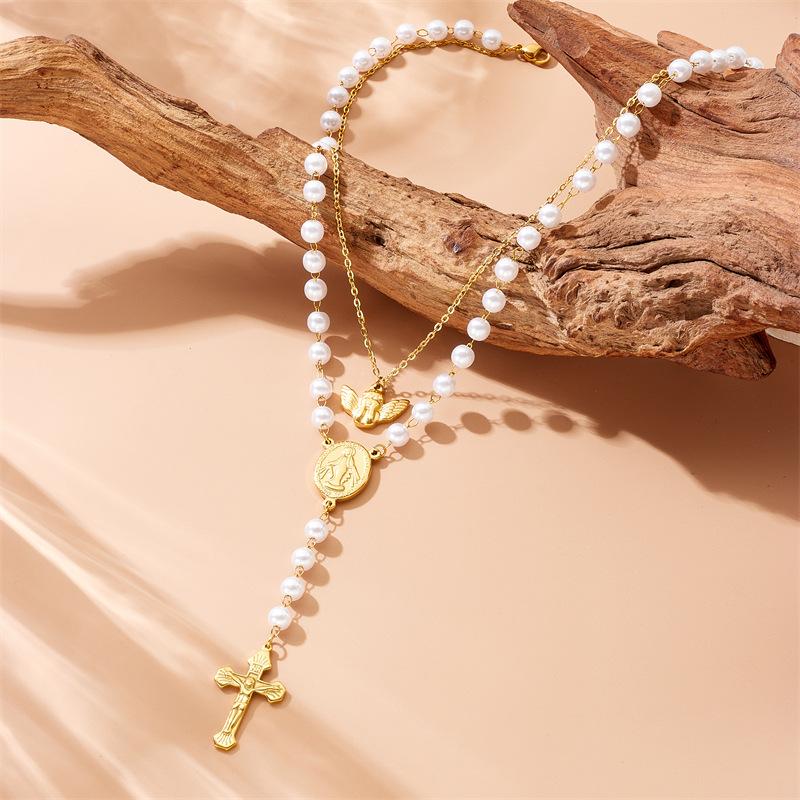 Gold Plated Double Layer Rosary Style Necklace with Cross, Virgin Mary and Angel Charms and Pearls Fashion Jewelry for Women