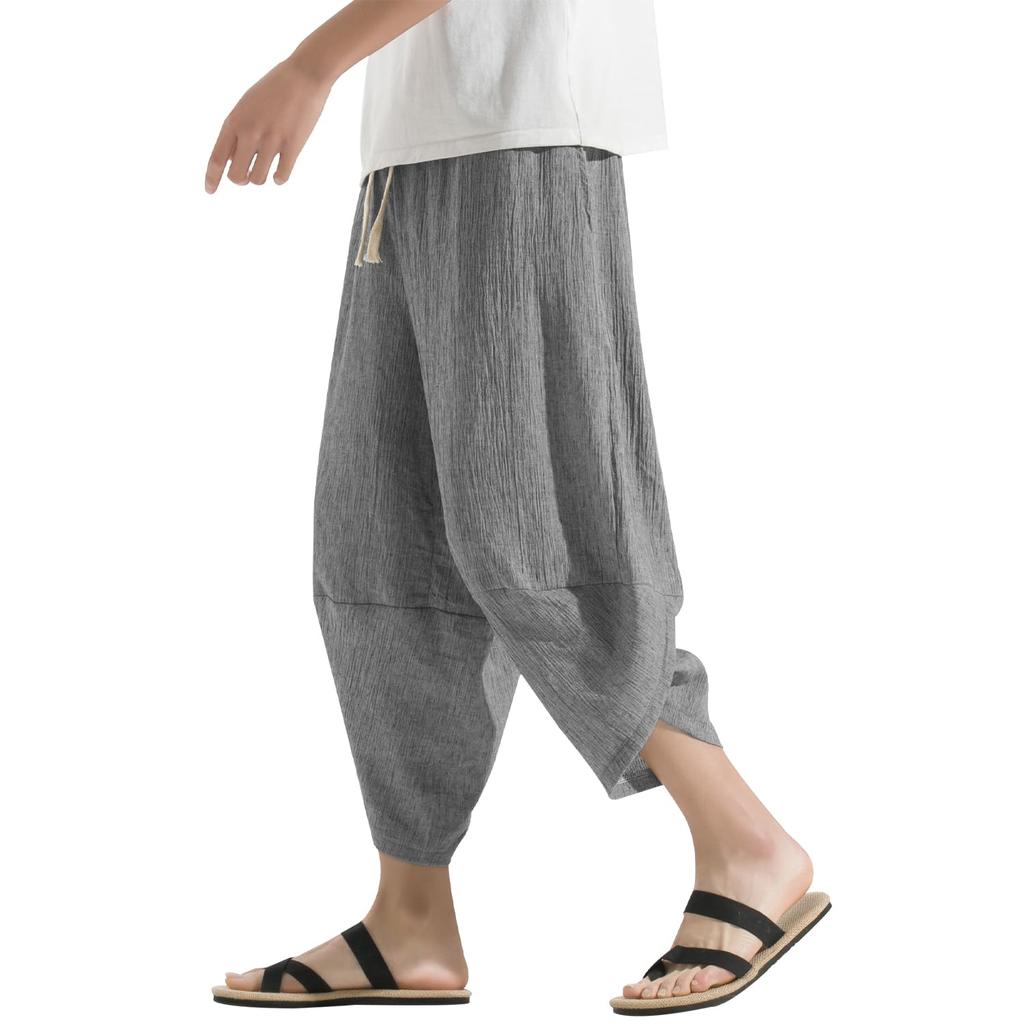 BesBet Sarouel Aladdin Summer Length Wide Leg Plus Sizes Loose Cool Linen Ethnic Hakama Cropped Men's Pants, Pants, Trousers, 3/4 Pants, Available,