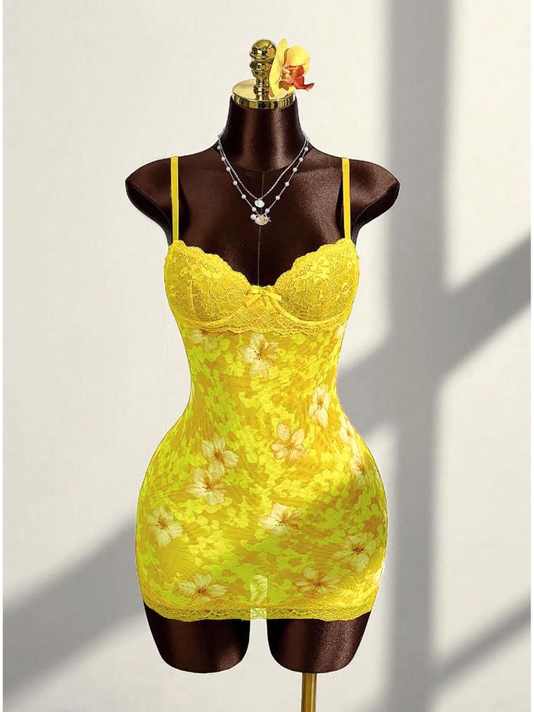 2025 Cross-border Sexy Lace Slip Dress: Waist-cinching Retro Floral Print, Backless, Hip-hugging, Ruffled Design.