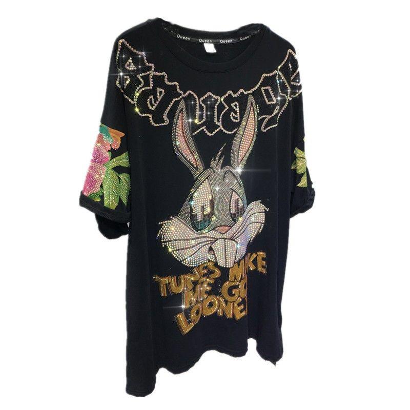 Dámské módní tričko s krátkým rukávem a kulatým výstřihem, velikost plus, s pivoňkou a králíčkem s diamanty, pro ženy 200-300 lbs