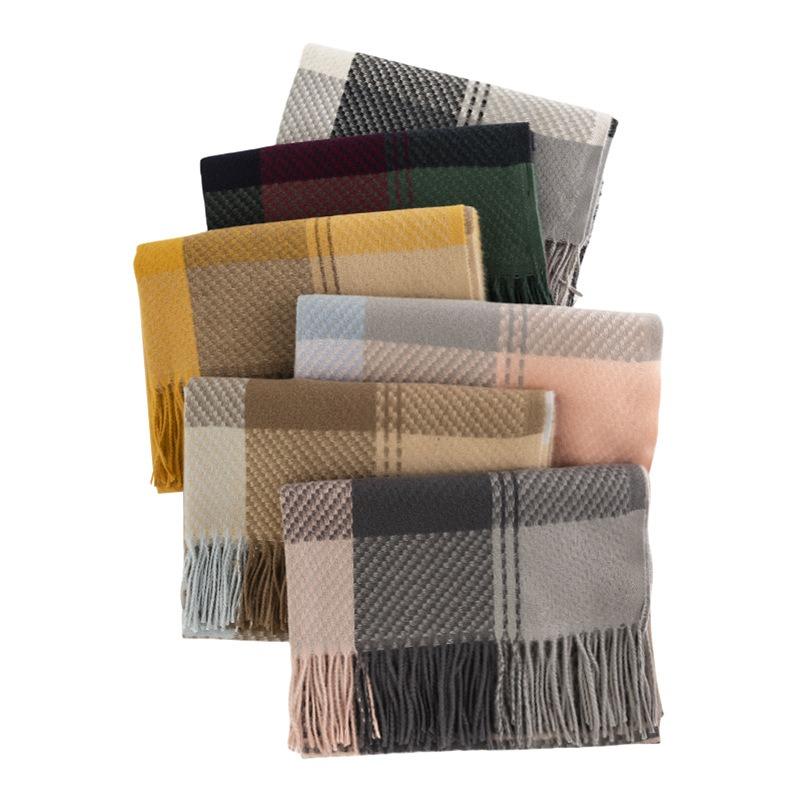 Pink and blue grid scarf women's autumn and winter versatile fashion student outer shawl warm thickened trendy scarf