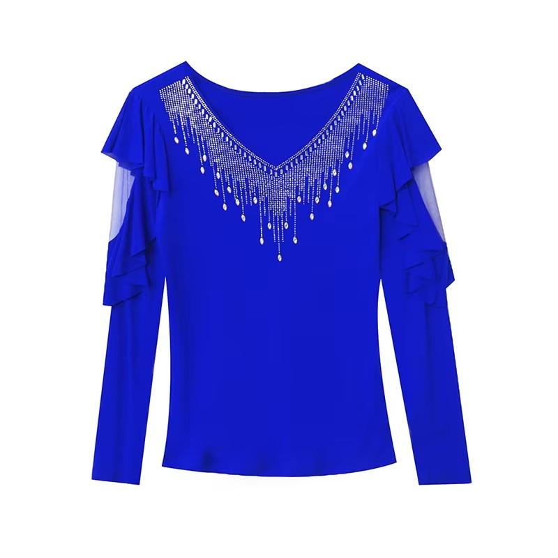 Fashion Spring Autumn Korean Sexy V-neck Hot Diamonds T-shirt Chic Hollow Out Long Sleeve Womens Tees Streetwear Girl Elastic Mesh Top