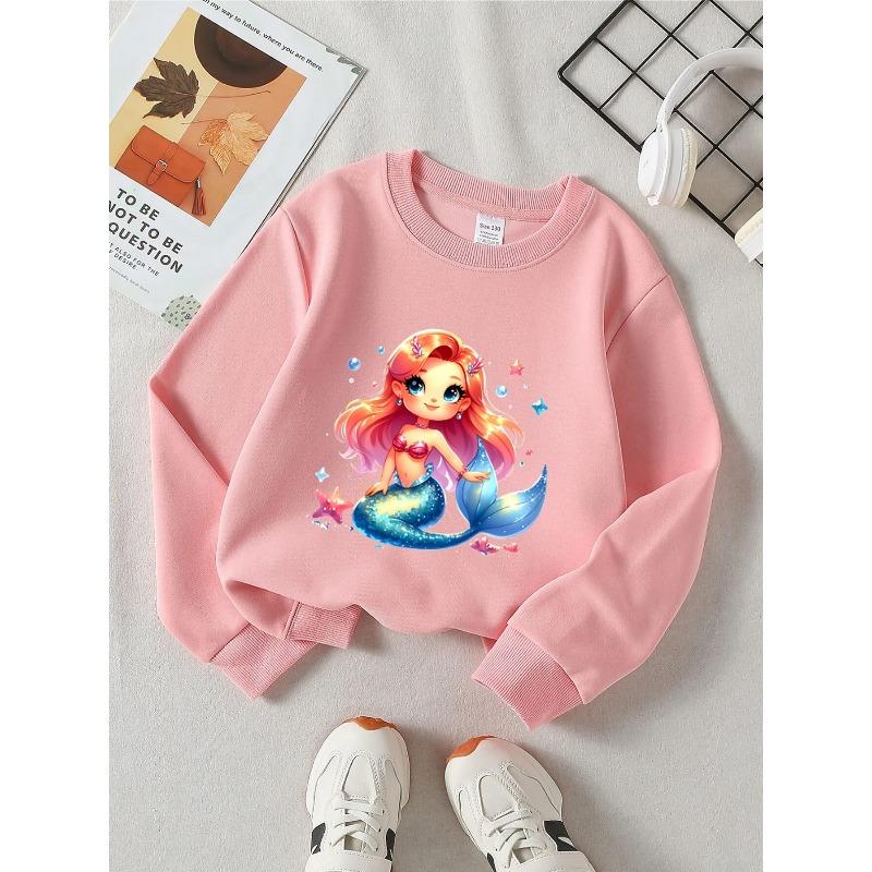 European sizes Girls' Crewneck Sweatshirt - Mermaid with Sparkling Tail & Stars, Soft Comfy Sportswear for Children & Teens