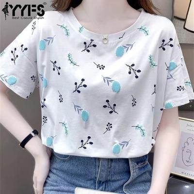 Women's Fashion Casual Summer Spring Flower Pattern Print Short Sleeve O-Neck Blouses & Shirts