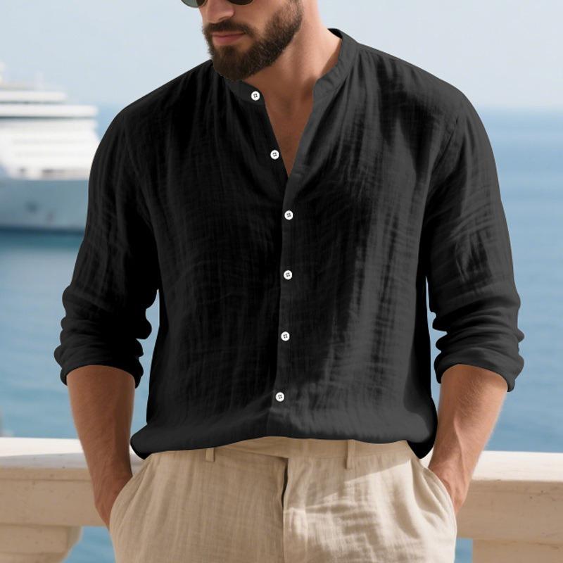 Autumn Linen Blend Mens Stand Collar Loose Button Up Shirt S чёрный