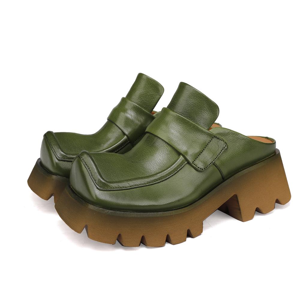 Johnature Retro Genuine Leather Square Toe Thick Soled Outdoor Slippers Thick Heel Women's Slip-on Shoes