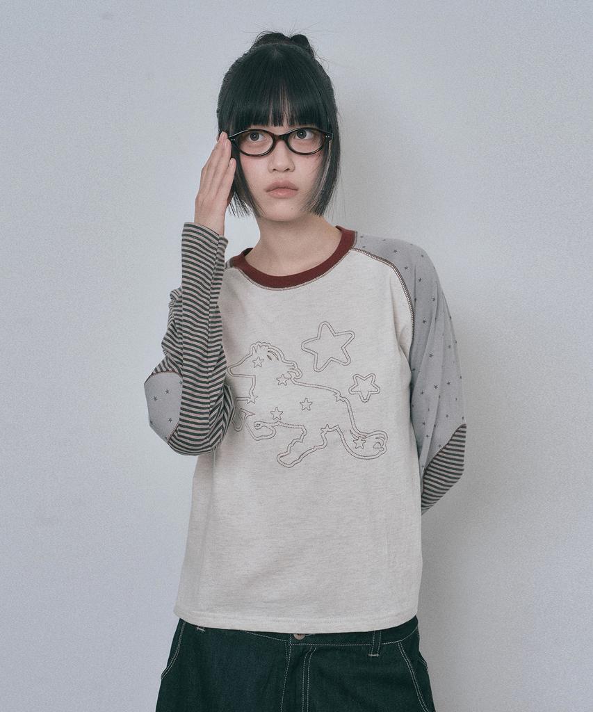 MOO Horse Multi-Pattern Raglan Long Sleeve - Oatmeal
