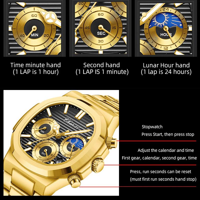 2025 Luxury Watch Men Business Fashion Waterproof Stainless Steel Chronograph Moon Phase Quartz Wristwatch Male Clock
