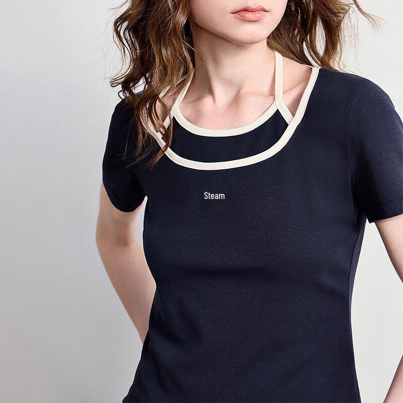 Chuyu Women's Nautical Anchor Embroidered Slim Fit Faux Two-Piece Short Sleeve T-Shirt