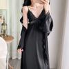 1011 New Ice Silk Suspender Nightdress Women's Spring and Autumn Dress Robe Two-piece Set Pure Desire Wind Sexy with Chest Pad Long