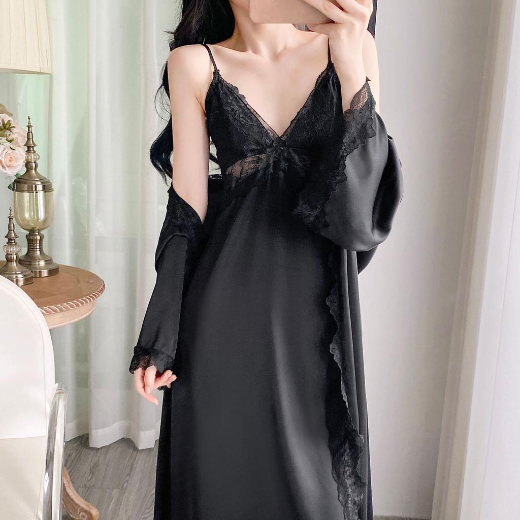1011 New Ice Silk Suspender Nightdress Women's Spring and Autumn Dress Robe Two-piece Set Pure Desire Wind Sexy with Chest Pad Long