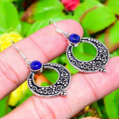 Natural Lapis Lazuli Gemstone 925 Sterling Silver Gift Earring 1.85" e3P37