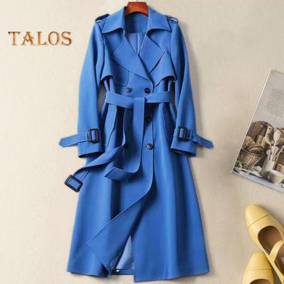Women Windbreaker Turn-down Collar Loose Pure Color Coat Double-breasted Long Sleeves Belt Decor Overcoat Mid Length with Pockets Windproof Lady