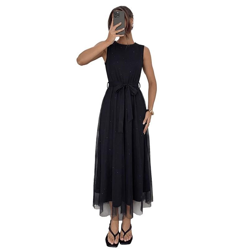 Womens Long Sleeveless Dress 2026 Lace Up Waist Tulle Patchwork A Line Evening Gown