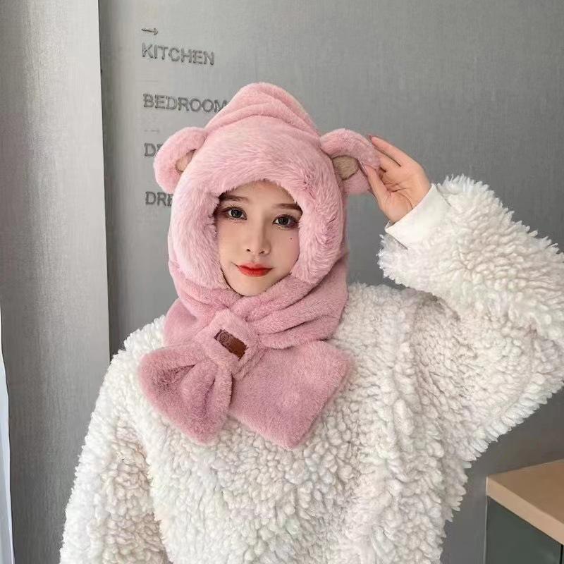 Plush Hat and Scarf All in one Women's Autumn and Winter Outdoor Cycling Thickened Warm Windproof Ear Protection Cute Bear Two Piece Set