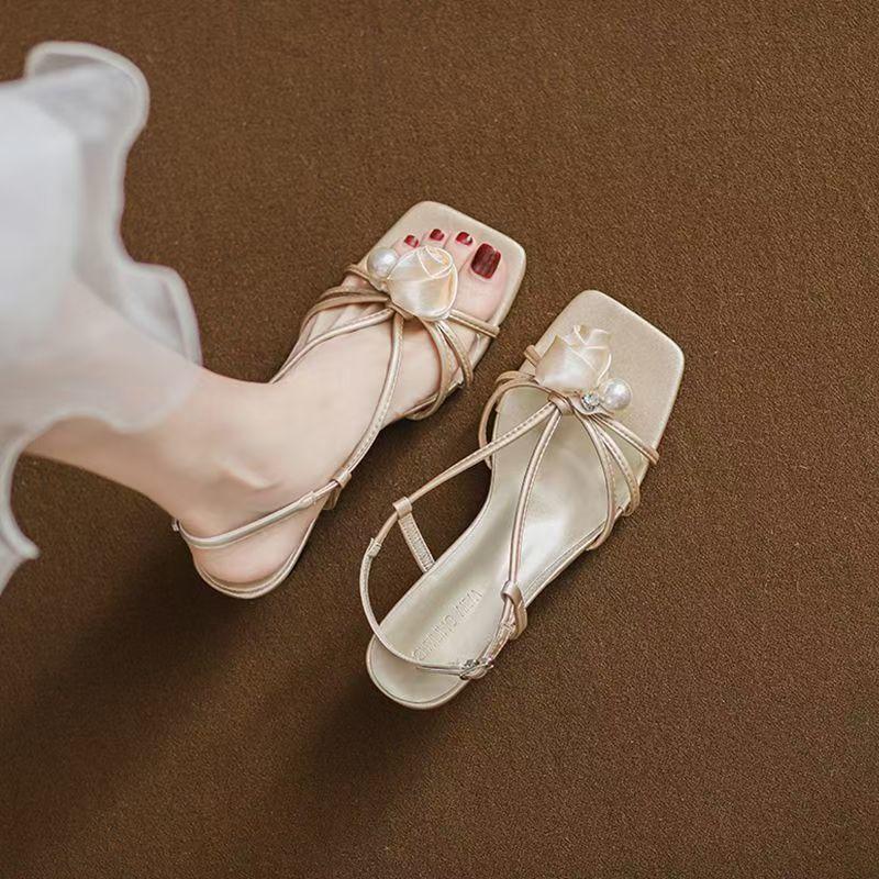 French thick heel not tired feet high heels 2025 summer new with skirt gentle style evening shoes pearl sandals women