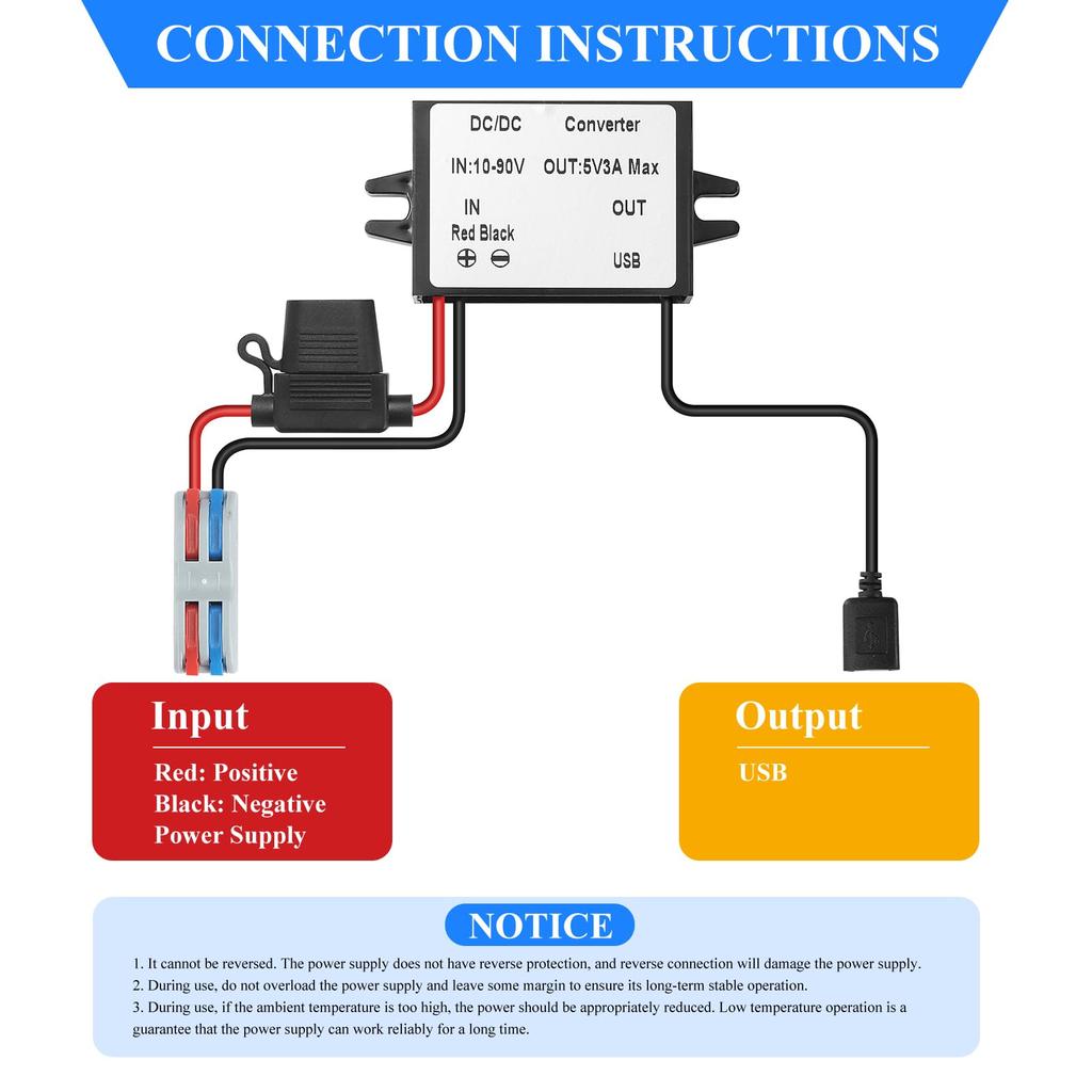 YBBOTT Converter To 5V 3A 15W USB Power Fused Power Supply for Golf Carts DC/DC 10V-90V Step-Down Converter, DC/DC Converter, Converter,