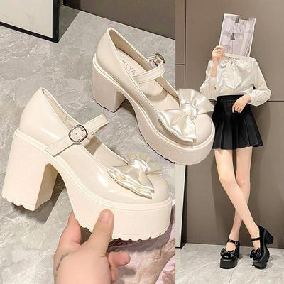 White Round Toe Platform High Heels Women Mary Jane Shoes Retro Bows Elegant Chunky Heel Women's Wedding Shoes