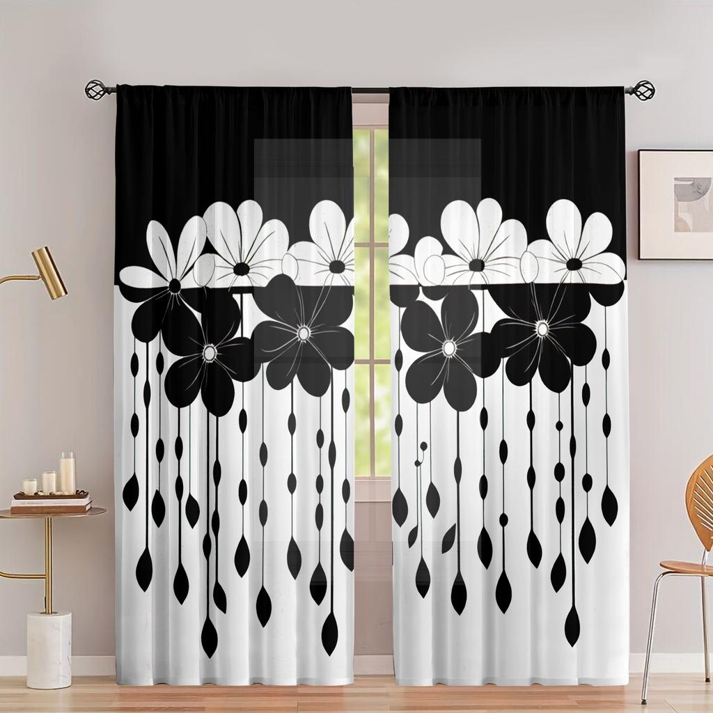 2 pieces of black lotus pattern printed curtains   bedroom and living room   home decoration   room decoration