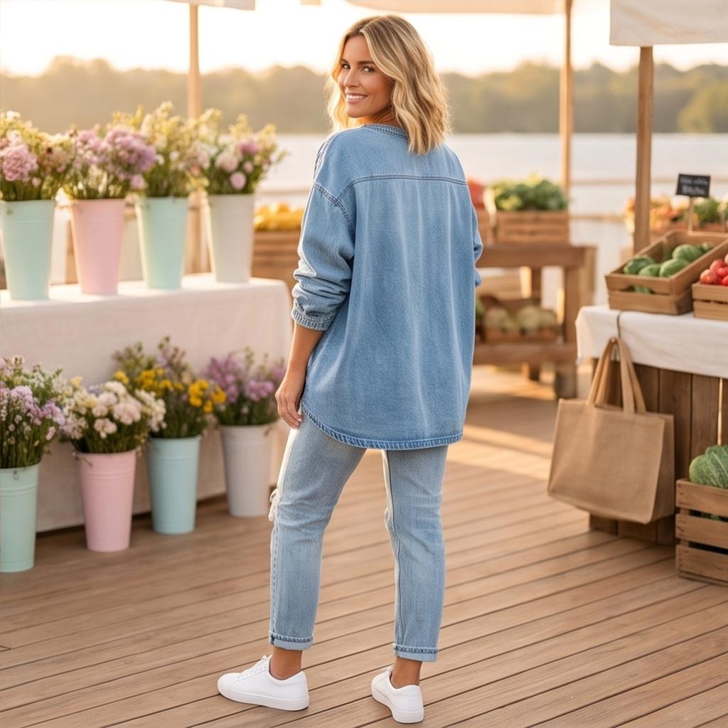 Camicia di Jeans Casual da Donna con Mezza Zip, Vestibilità Larga, Manica Lunga