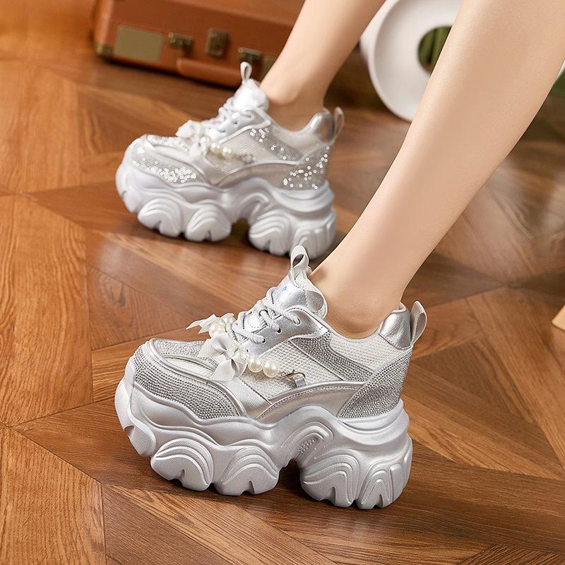 Thick-soled inner height increase dad shoes women's 2025 spring new rhinestone breathable single shoes small versatile casual women's shoes