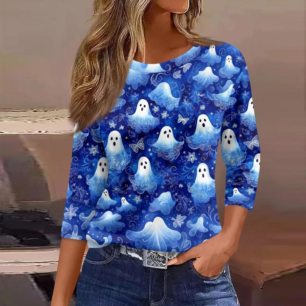 Women's Halloween T-Shirt Three Quarter Sleeve Round Neck Loose Fit Casual Blouse Top Fall Party Costume Outfit Print