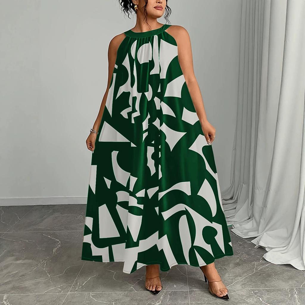 Popular European and American style sleeveless neck dress women's loose and thin printed long dress large size