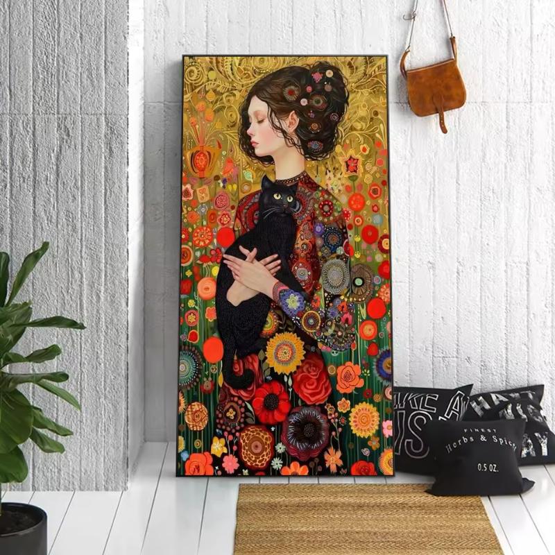 Creativity Beauty Women and Black Cat Canvas Paintings Wall Art Posters and Prints for Living Room Abstract Home Decor Mural